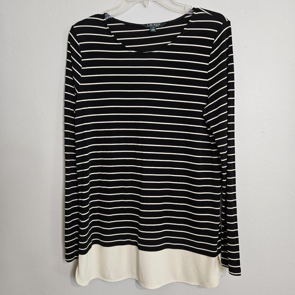 Lauren Ralph Lauren Top Women Black/White Striped Long Sleeve Skirted Stretch M